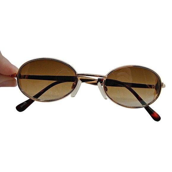 Vintage Sunglasses Gold Metal Frame Oval Shaped Summer Sunglasses Bronze Lens - Picture 2 of 9